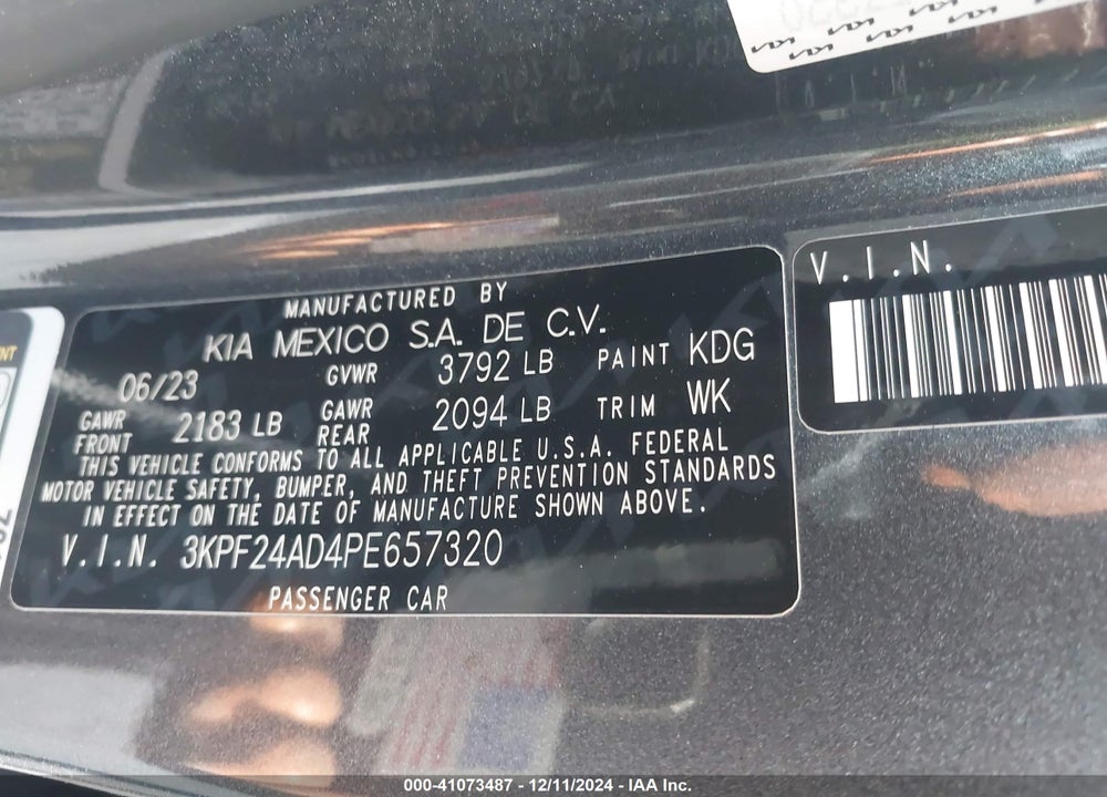 2023 KIA FORTE LXS VIN: 3KPF24AD4PE657320