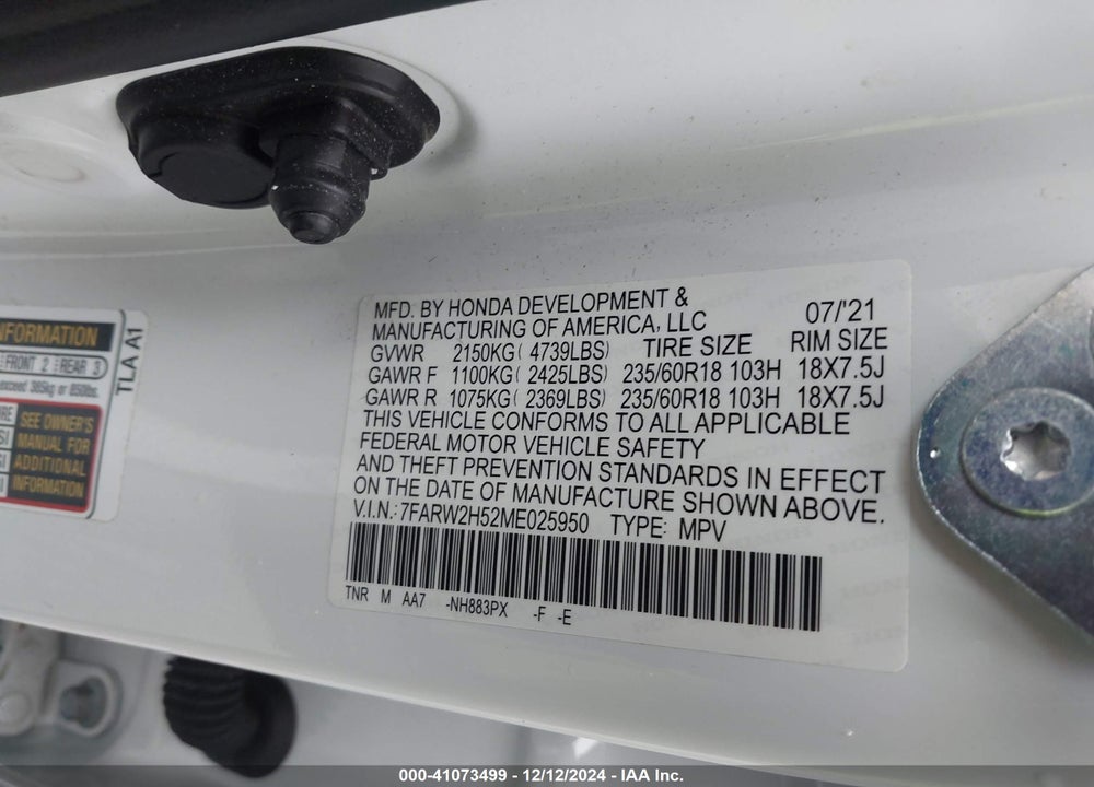 2021 HONDA CR-V AWD EX VIN: 7FARW2H52ME025950