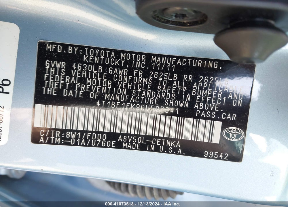 2012 TOYOTA CAMRY LE VIN: 4T1BF1FK9CU527341