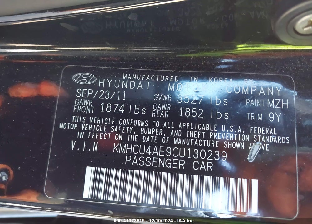 2012 HYUNDAI ACCENT GLS VIN: KMHCU4AE9CU130239