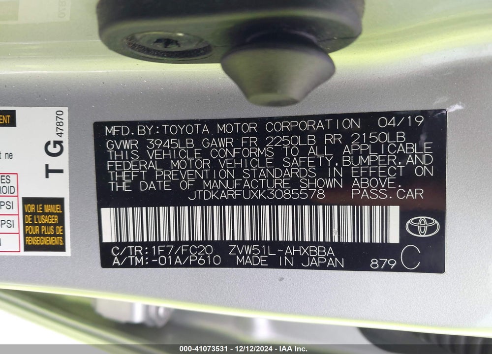 2019 TOYOTA PRIUS VIN: JTDKARFUXK3085578