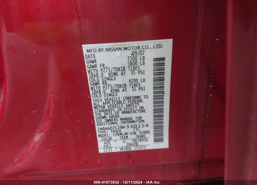 2008 NISSAN TITAN PRO-4X VIN: 1N6AA07C28N330154