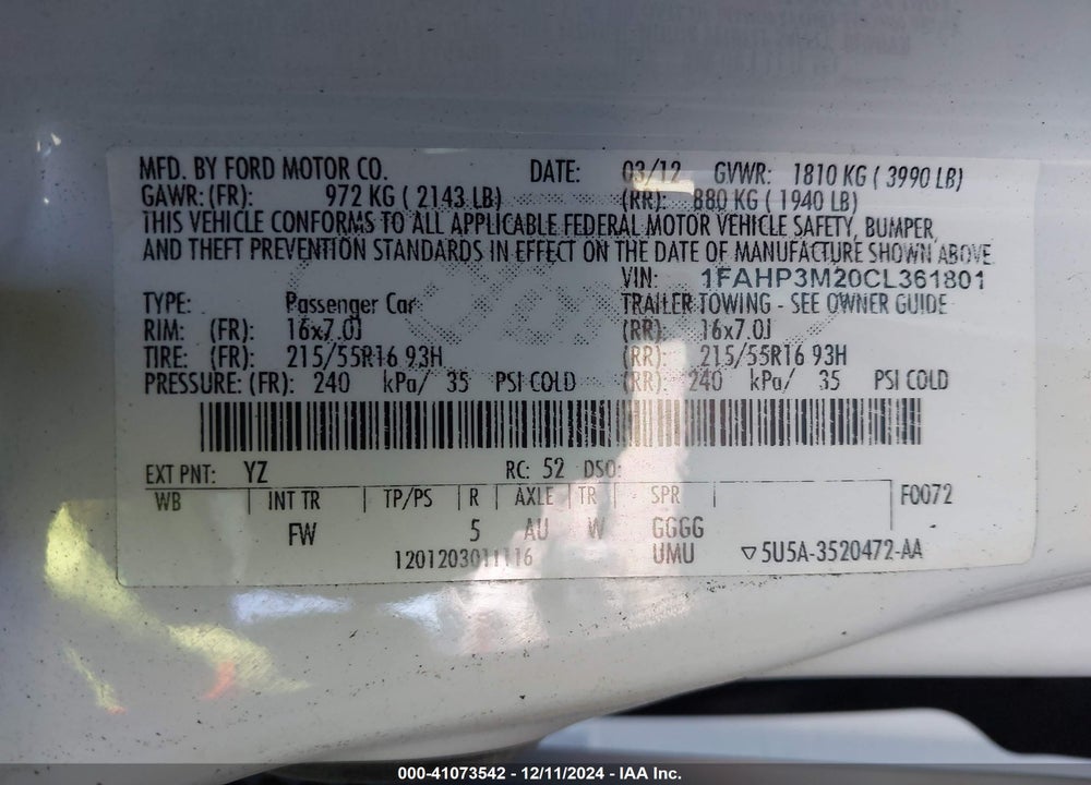 2012 FORD FOCUS VIN: 1FAHP3M20CL361801
