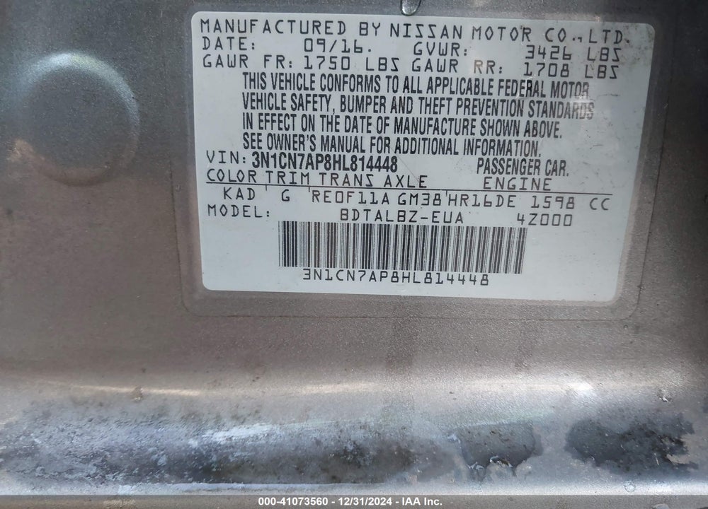 2017 NISSAN VERSA VIN: 3N1CN7AP8HL814448