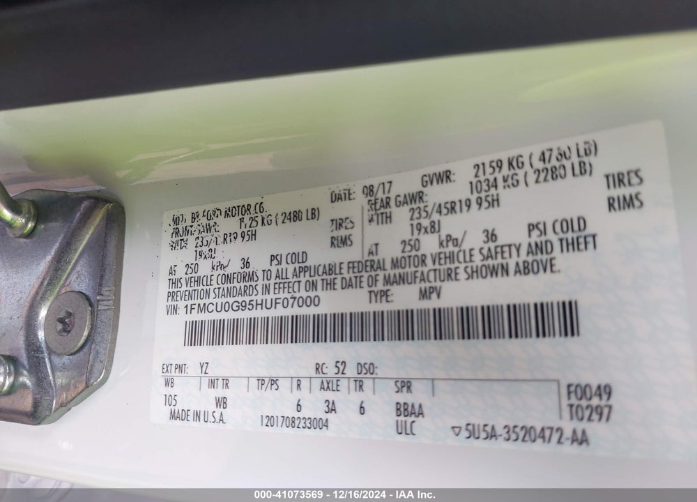 2017 FORD ESCAPE SE VIN: 1FMCU0G95HUF07000