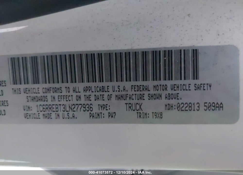 2020 RAM 1500 BIG HORN 4X2 6'4 BOX VIN: 1C6RREBT3LN277936