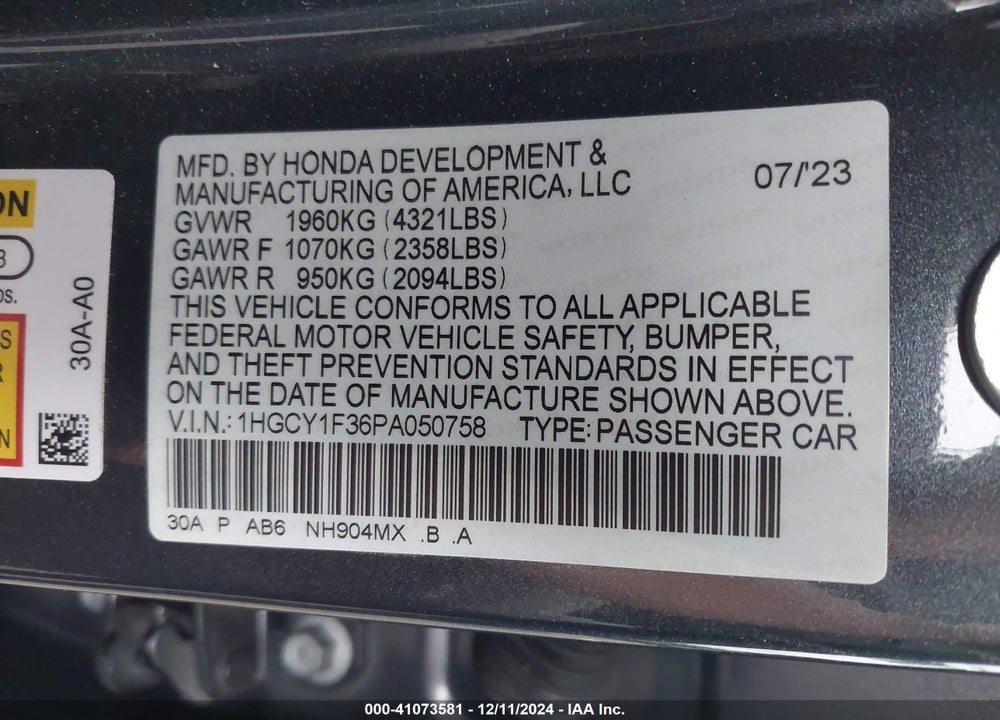 2023 HONDA ACCORD VIN: 1HGCY1F36PA050758