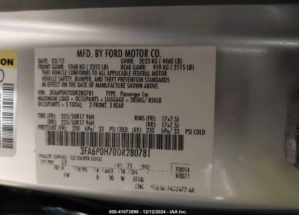 2013 FORD FUSION SE VIN: 3FA6P0H70DR280781