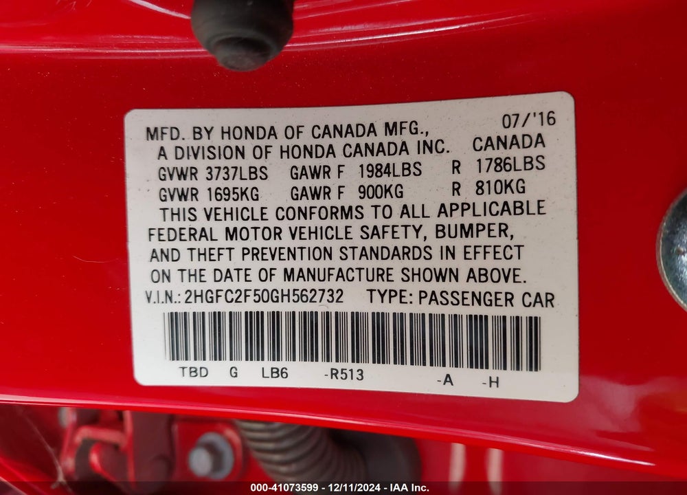 2016 HONDA CIVIC LX VIN: 2HGFC2F50GH562732