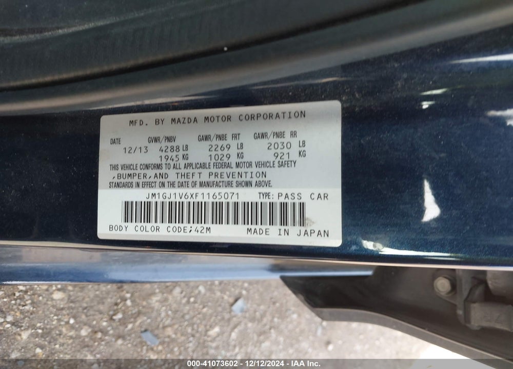 2015 MAZDA 6 I TOURING VIN: JM1GJ1V6XF1165071