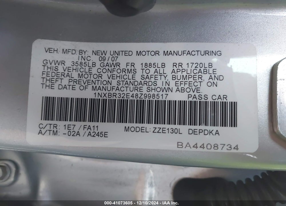 2008 TOYOTA COROLLA CE VIN: 1NXBR32E48Z998517