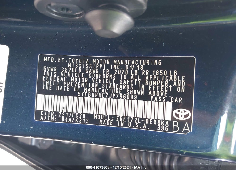 2018 TOYOTA COROLLA SE VIN: 5YFBURHE7JP796089