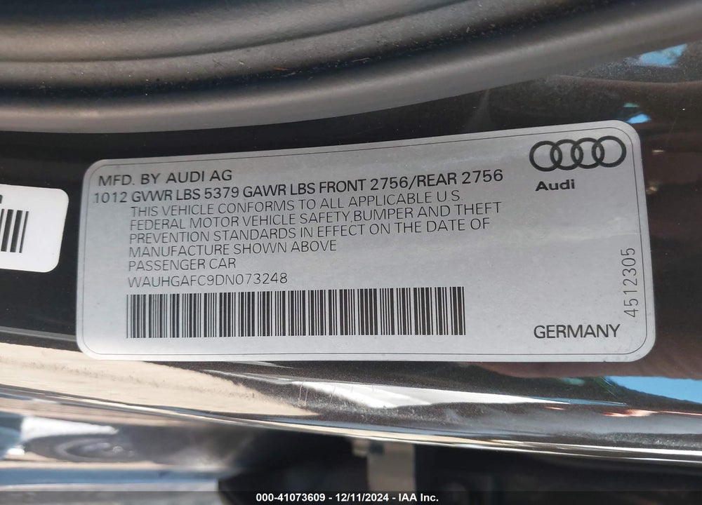 2013 AUDI A6 VIN: WAUHGAFC9DN073248