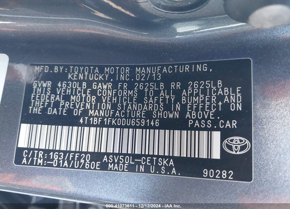 2013 TOYOTA CAMRY SE VIN: 4T1BF1FK0DU659146