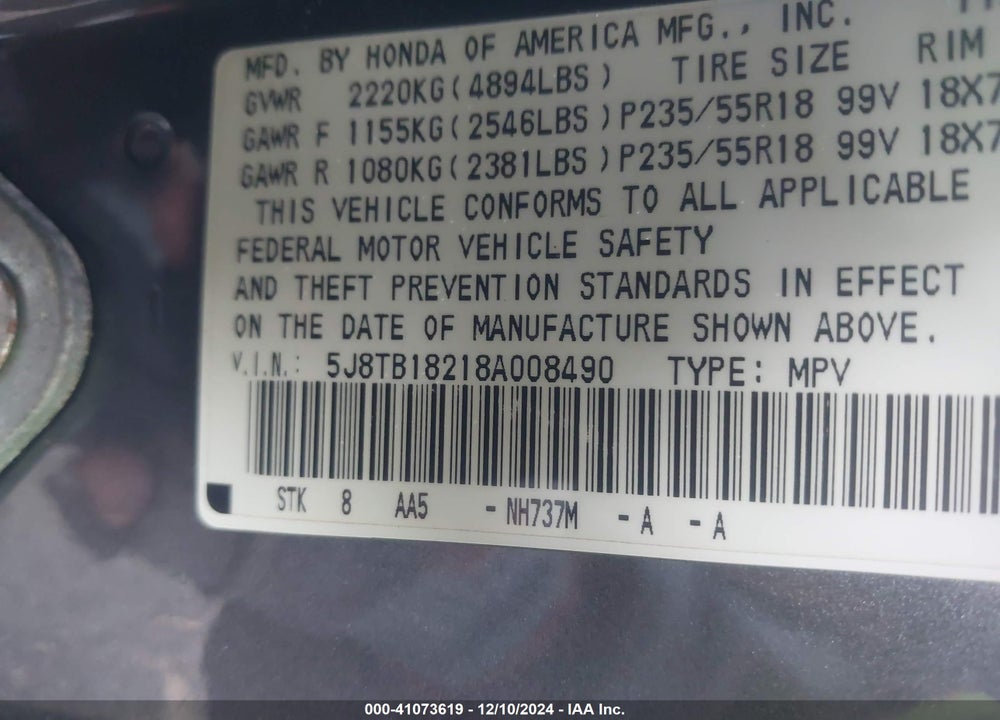 2008 ACURA RDX VIN: 5J8TB18218A008490