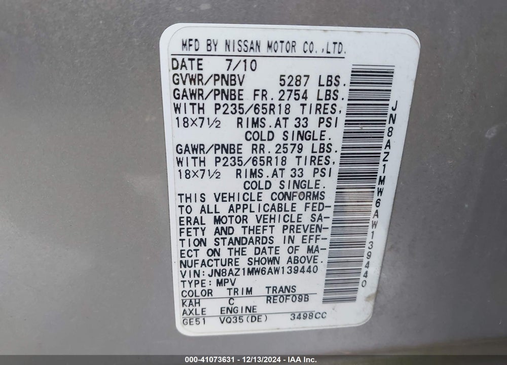 2010 NISSAN MURANO S VIN: JN8AZ1MW6AW139440