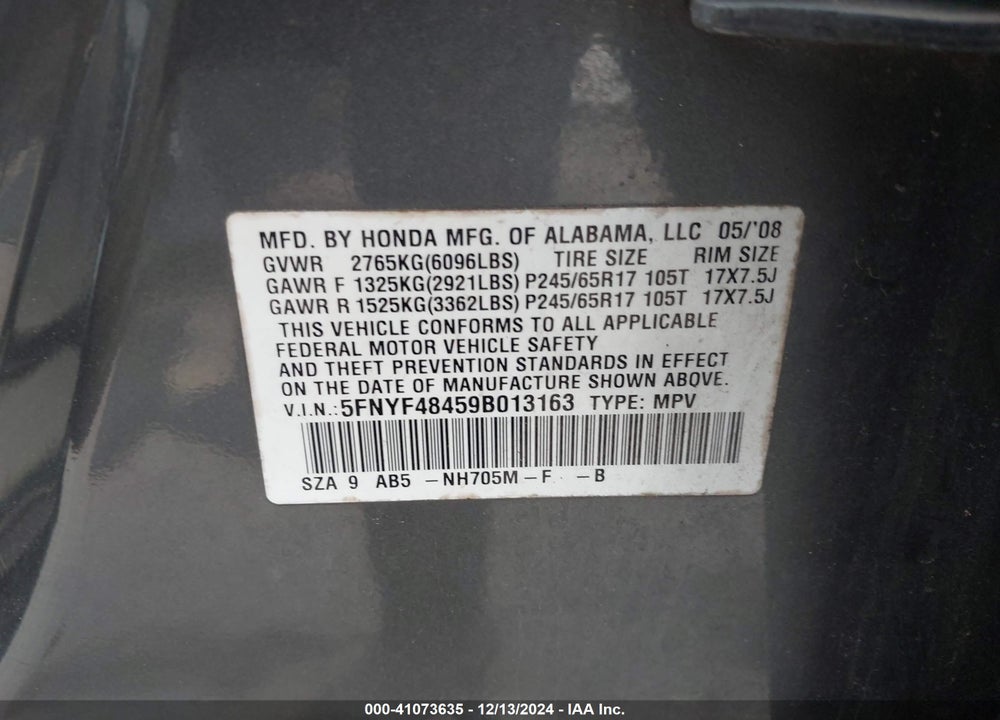2009 HONDA PILOT EX VIN: 5FNYF48459B013163