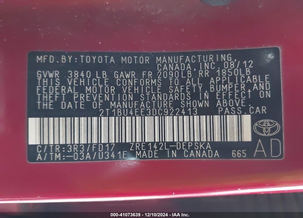 2013 TOYOTA COROLLA S VIN: 2T1BU4EE3DC922413