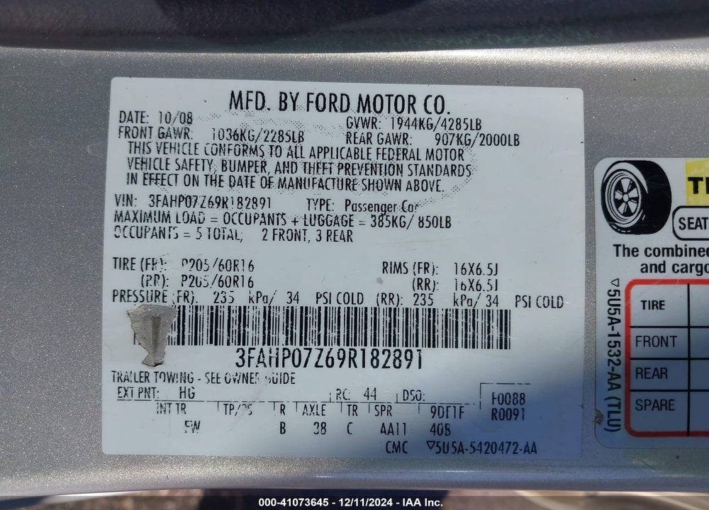 2009 FORD FUSION SE VIN: 3FAHP07Z69R182891