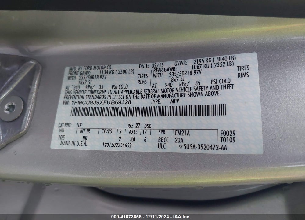 2015 FORD ESCAPE TITANIUM VIN: 1FMCU9J9XFUB69328