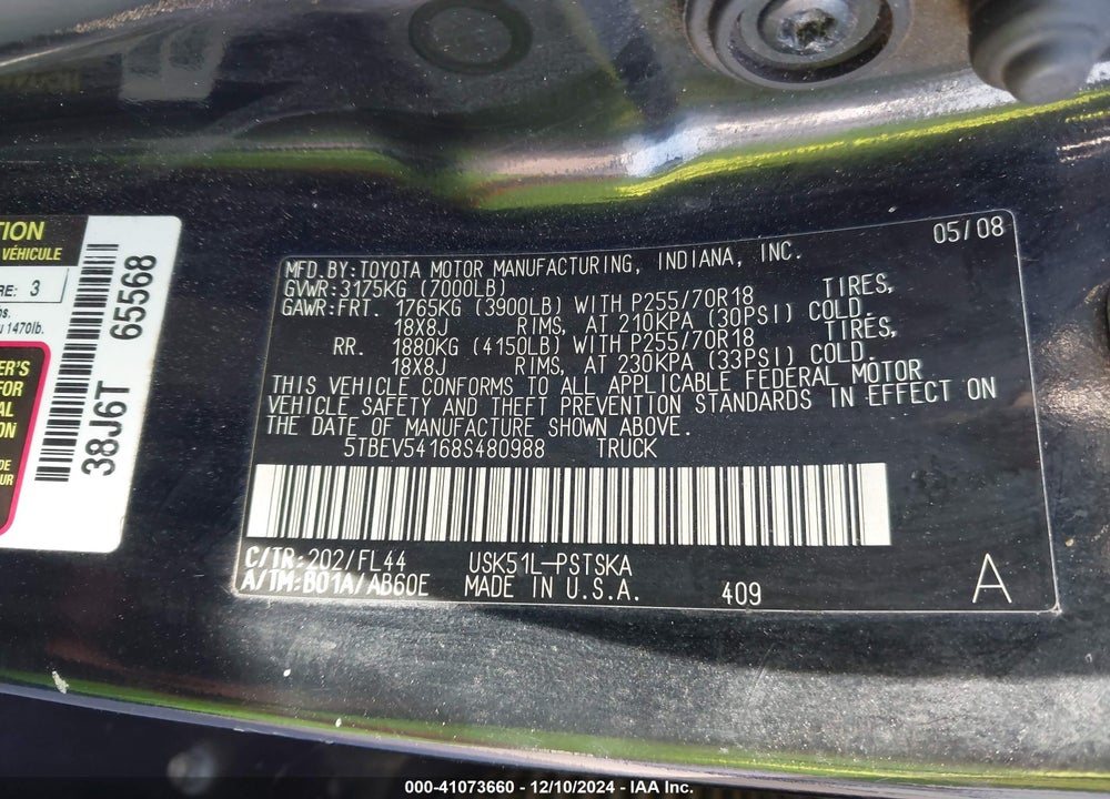 2008 TOYOTA TUNDRA BASE 5.7L V8 VIN: 5TBEV54168S480988