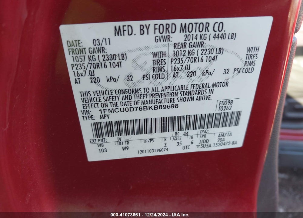 2011 FORD ESCAPE XLT VIN: 1FMCU0D76BKB89698