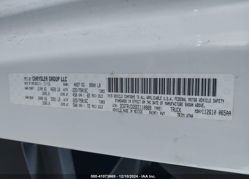 2014 RAM PROMASTER 2500 HIGH ROOF VIN: 3C6TRVDG5EE110989