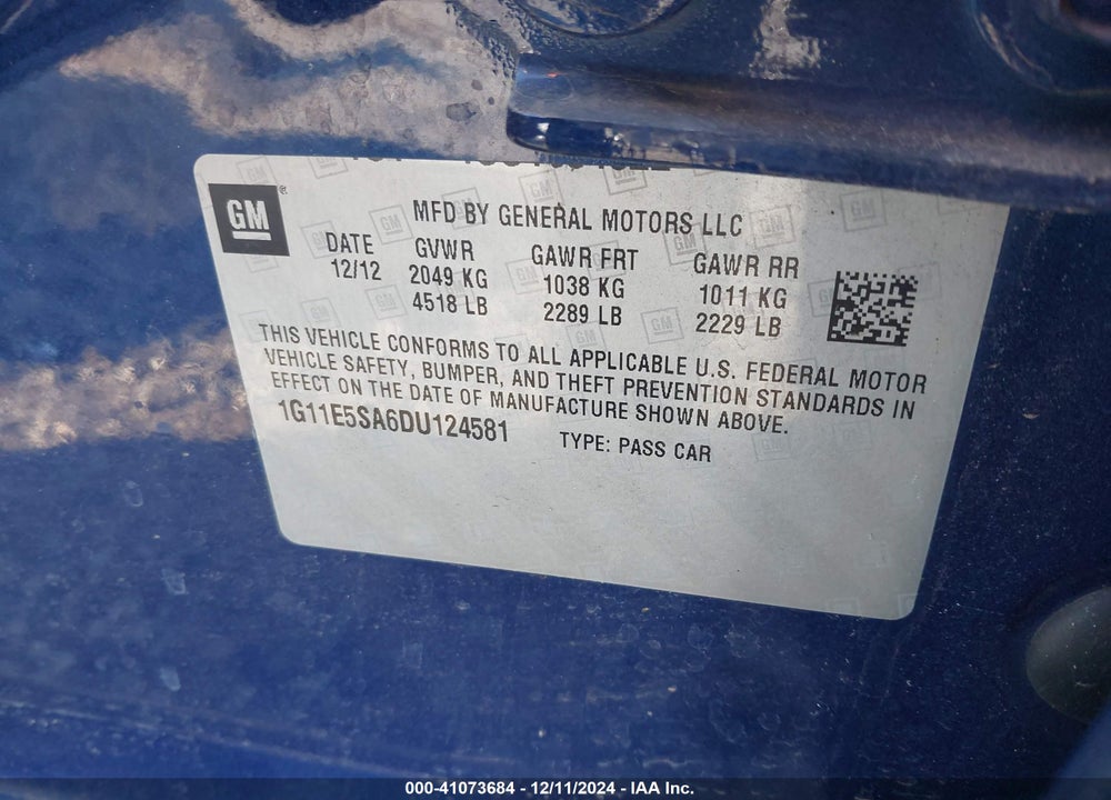 2013 CHEVROLET MALIBU 2LT VIN: 1G11E5SA6DU124581