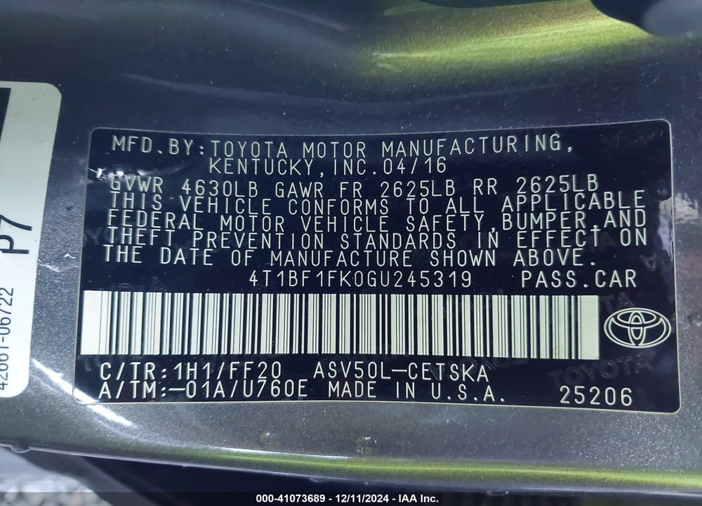 2016 TOYOTA CAMRY SE VIN: 4T1BF1FK0GU245319