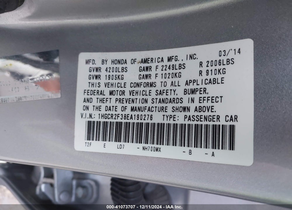 2014 HONDA ACCORD LX VIN: 1HGCR2F38EA190276