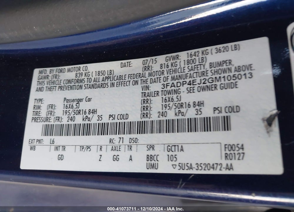 2016 FORD FIESTA SE VIN: 3FADP4EJ2GM105013