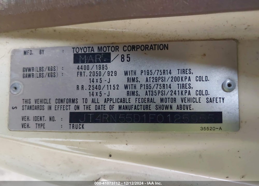 1985 TOYOTA PICKUP 1/2 TON RN55 DLX VIN: JT4RN55D1F0125955