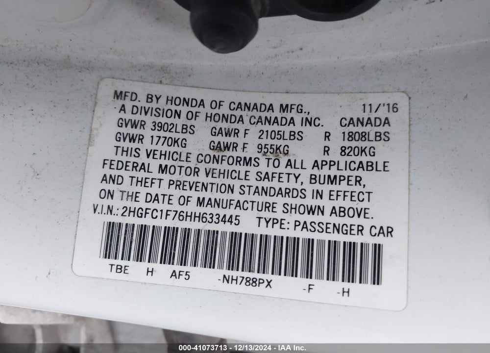 2017 HONDA CIVIC VIN: 2HGFC1F76HH633445