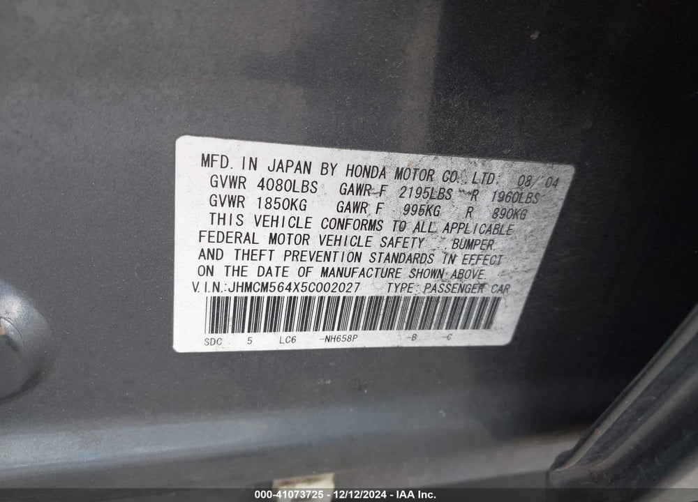 2005 HONDA ACCORD 2.4 LX VIN: JHMCM564X5C002027