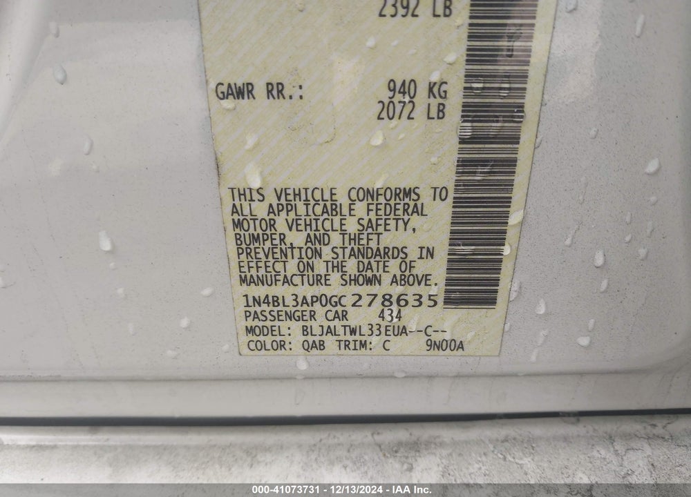 2016 NISSAN ALTIMA VIN: 1N4BL3AP0GC278635