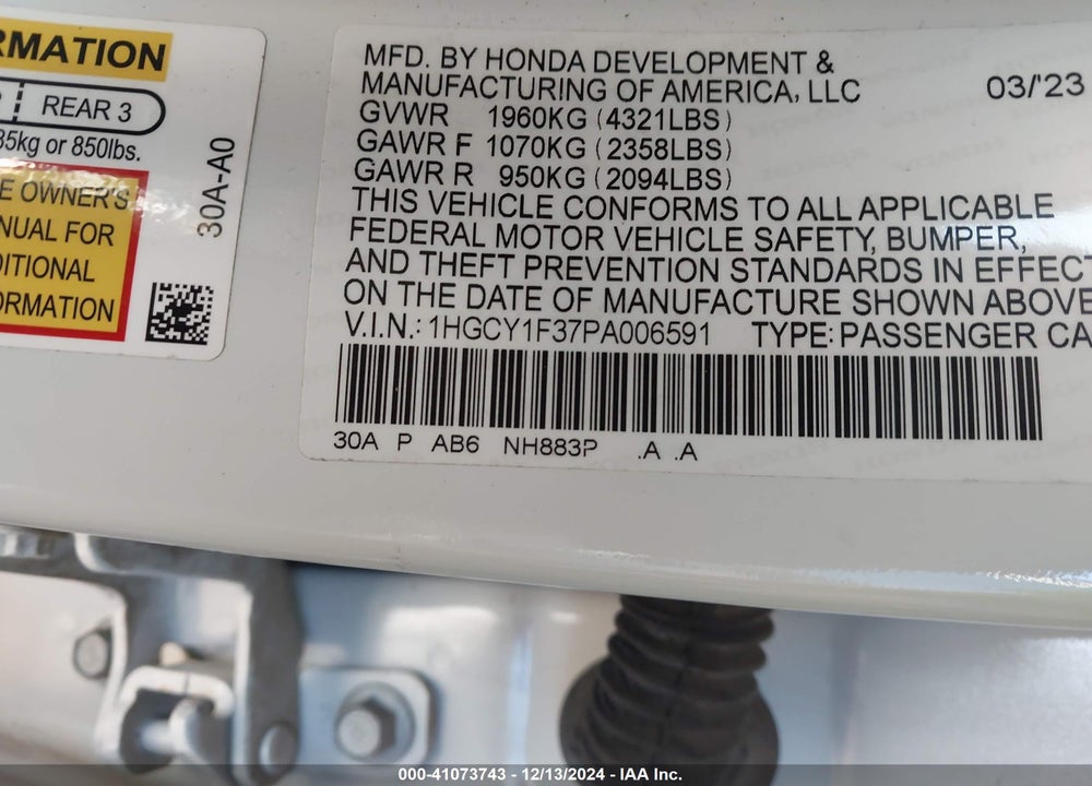 2023 HONDA ACCORD VIN: 1HGCY1F37PA006591