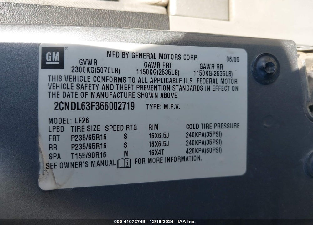 2006 CHEVROLET EQUINOX VIN: 2CNDL63F366002719