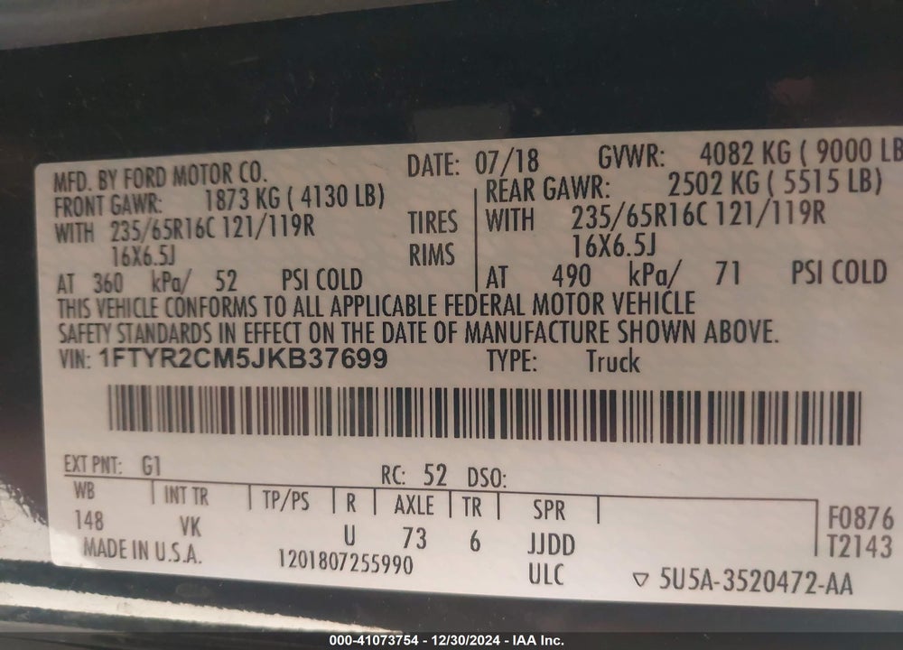 2018 FORD TRANSIT-250 VIN: 1FTYR2CM5JKB37699