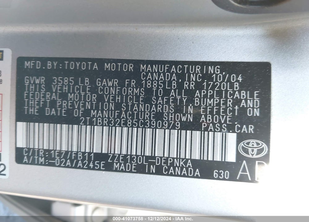 2005 TOYOTA COROLLA LE VIN: 2T1BR32E85C390979