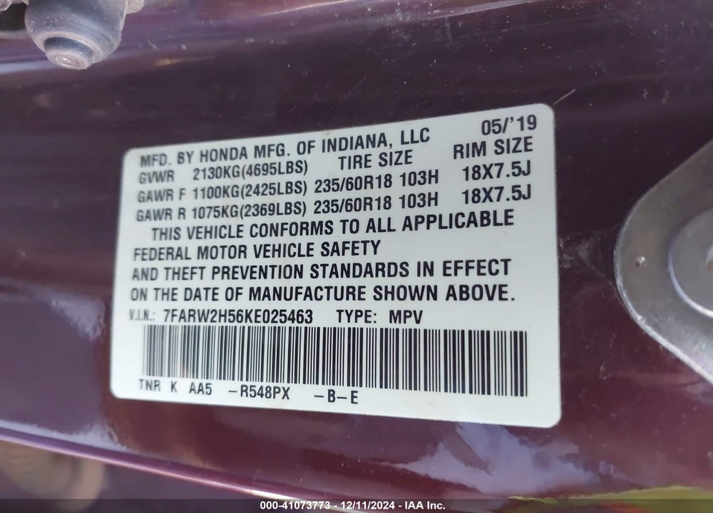 2019 HONDA CR-V EX VIN: 7FARW2H56KE025463