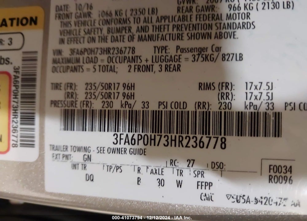 2017 FORD FUSION VIN: 3FA6P0H73HR236778