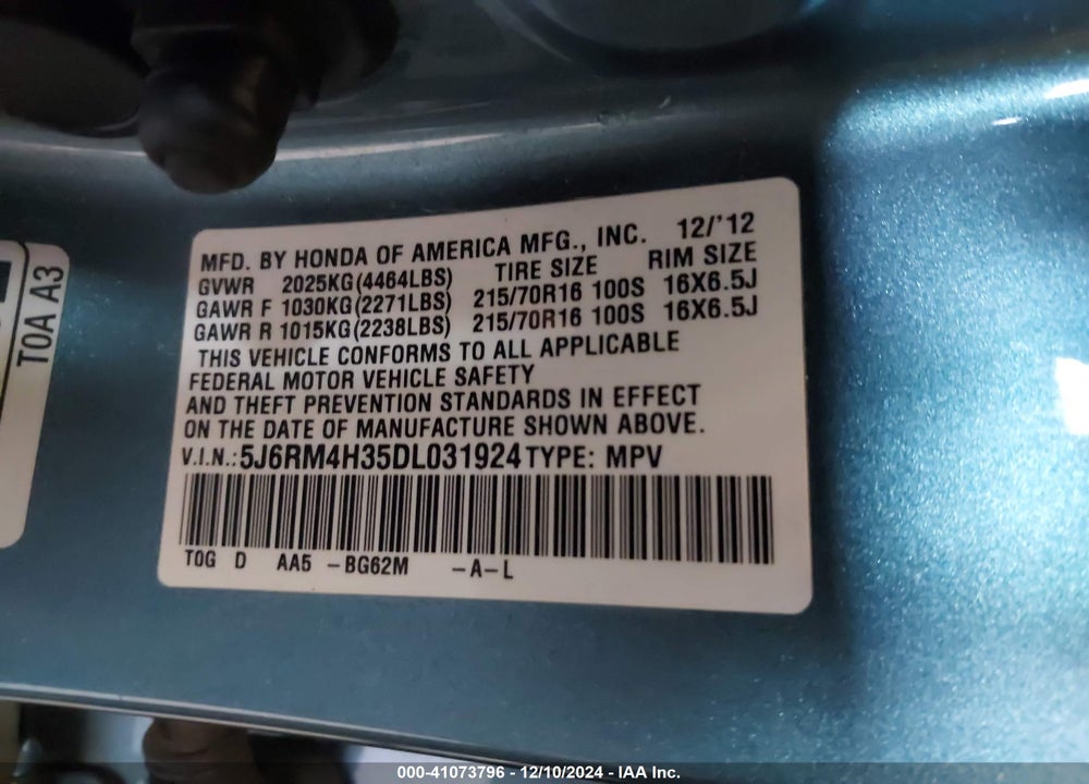 2013 HONDA CR-V LX VIN: 5J6RM4H35DL031924