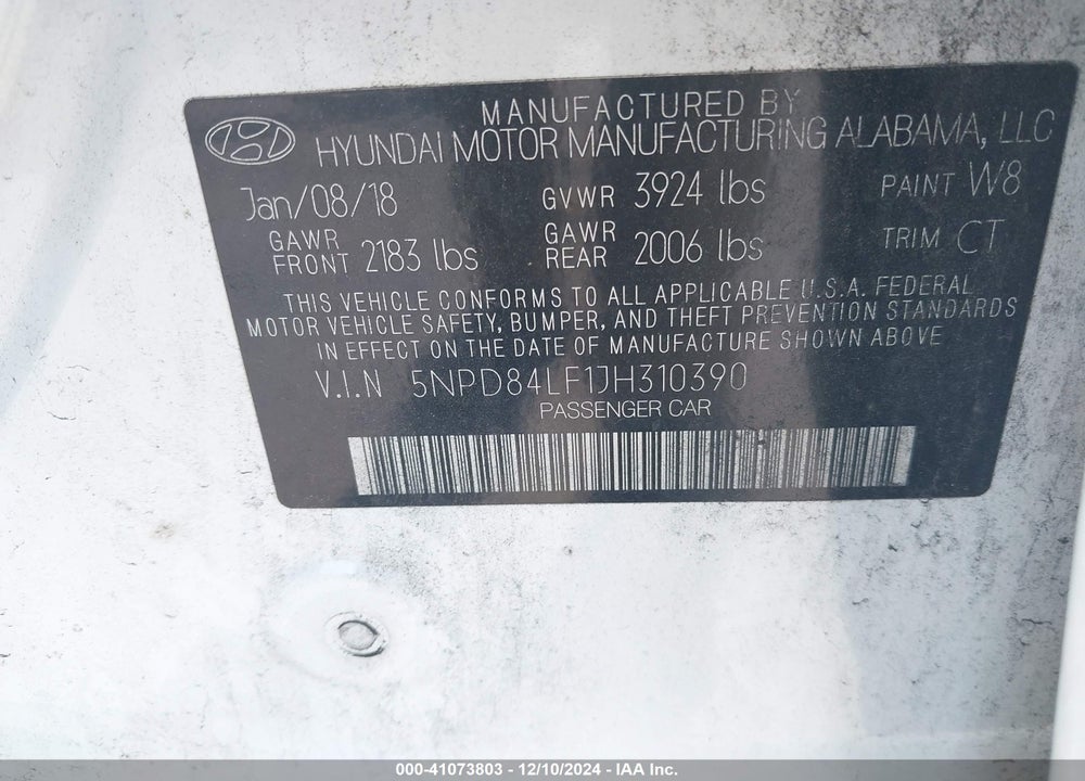 2018 HYUNDAI ELANTRA VIN: 5NPD84LF1JH310390