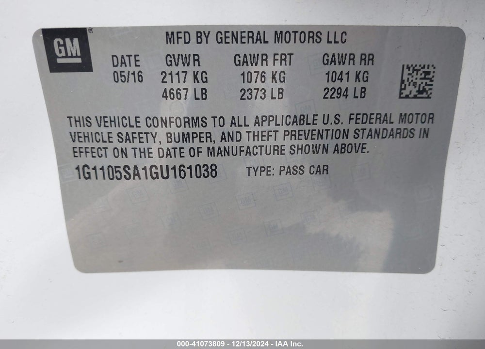 2016 CHEVROLET IMPALA 1LT VIN: 1G1105SA1GU161038