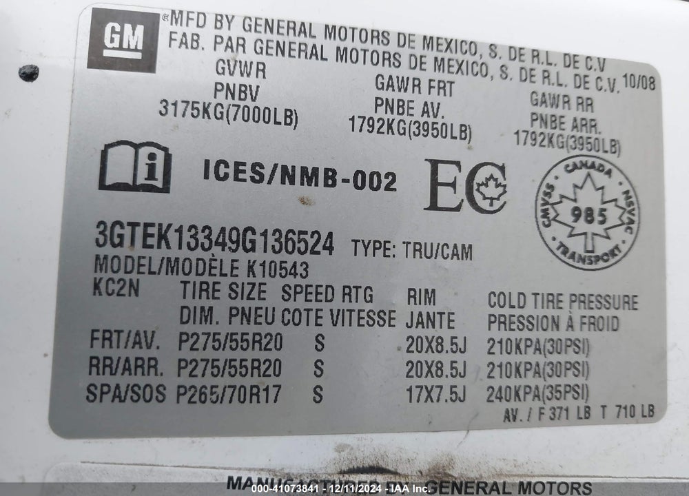 2009 GMC SIERRA VIN: 3GTEK13349G136524