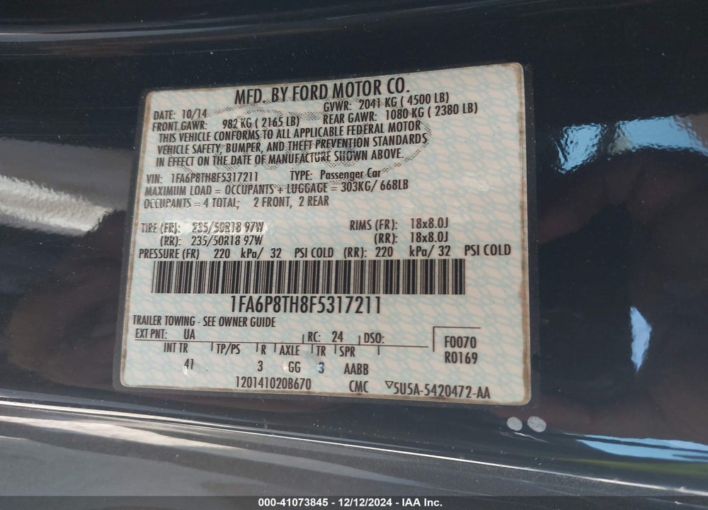 2015 FORD MUSTANG VIN: 1FA6P8TH8F5317211