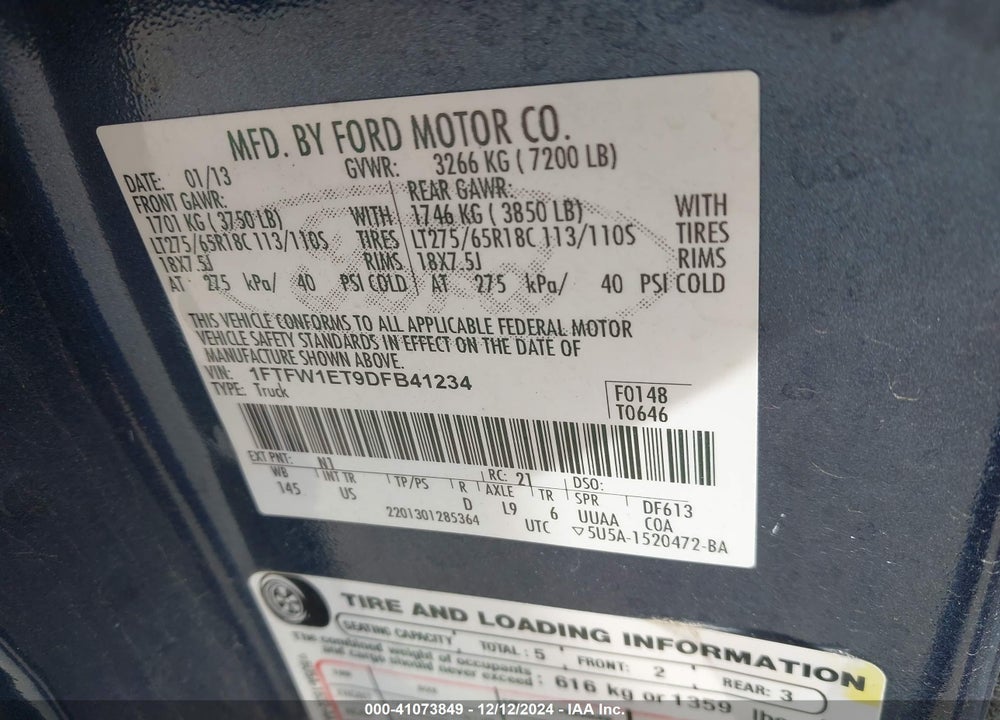 2013 FORD F-150 XLT VIN: 1FTFW1ET9DFB41234