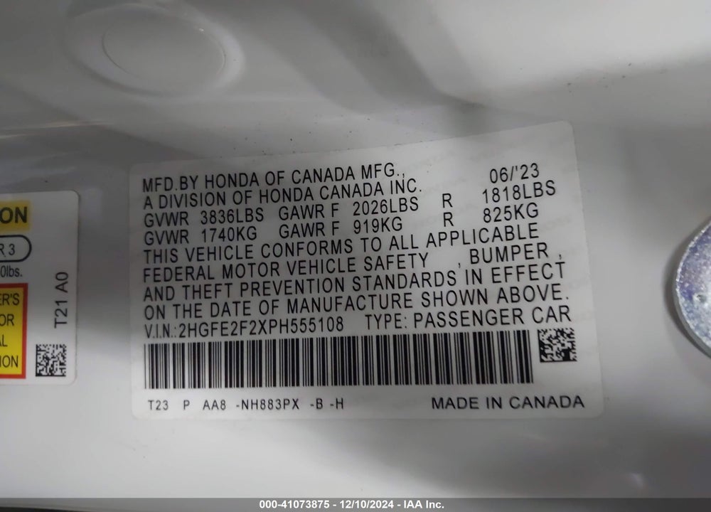 2023 HONDA CIVIC VIN: 2HGFE2F2XPH555108