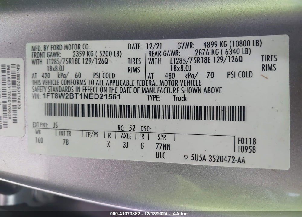 2022 FORD F-250 PLATINUM VIN: 1FT8W2BT1NED21561