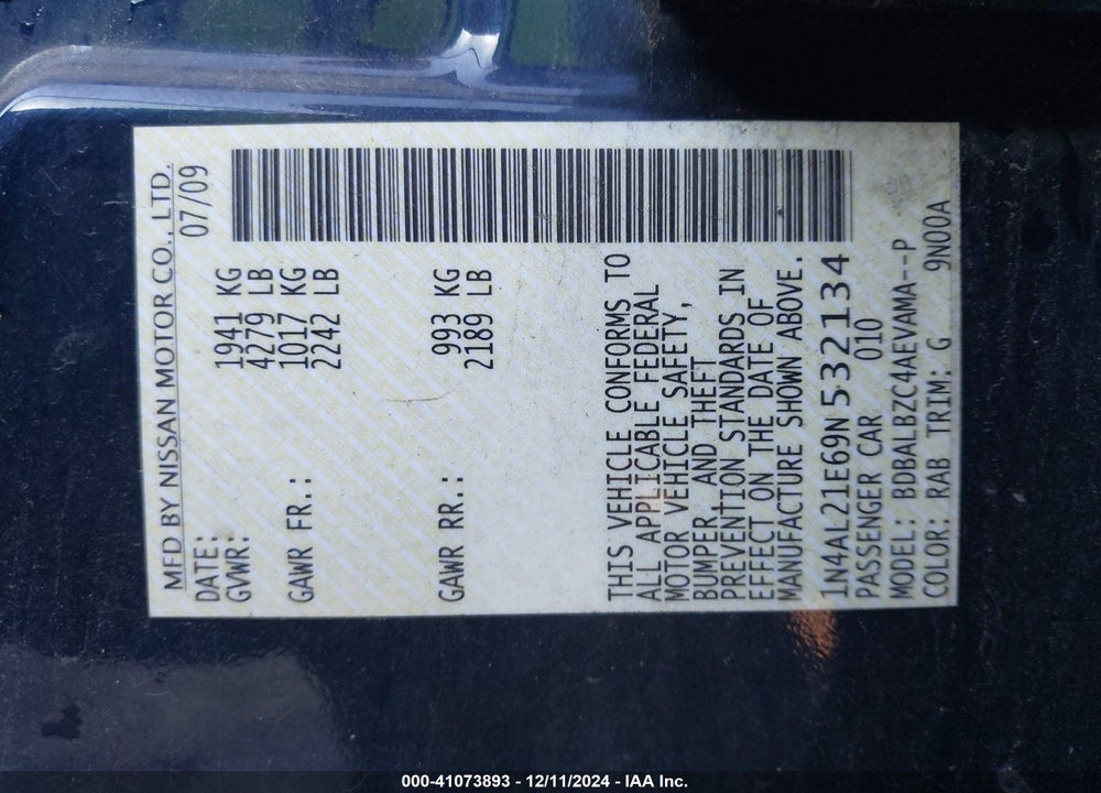 2009 NISSAN ALTIMA VIN: 1N4AL21E69N532134